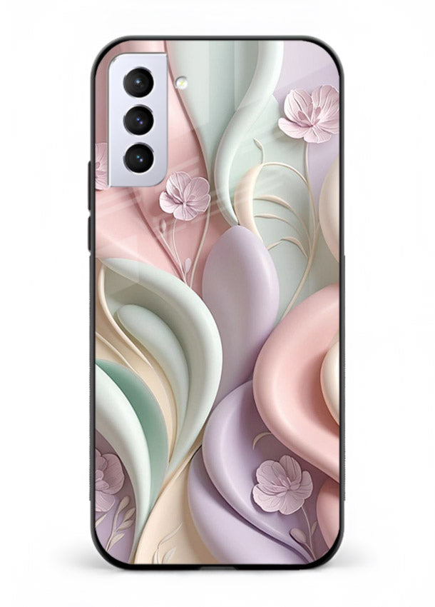 Pastel swirl floral artwork on Samsung S21 Plus glass back cover with blended pastel petals.