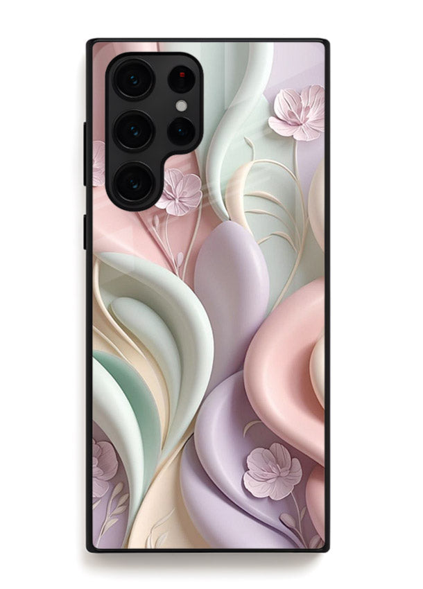Pastel swirl floral artwork on Samsung S24 Ultra glass back cover with blended pastel petals.