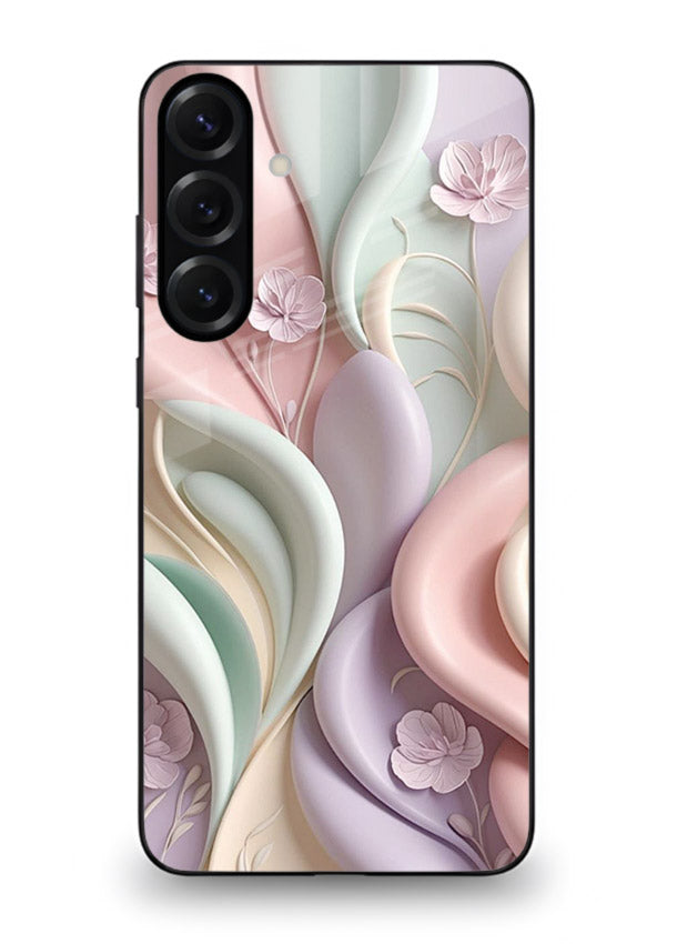 Pastel swirl floral artwork on Samsung A25 5G glass back cover with blended pastel petals.