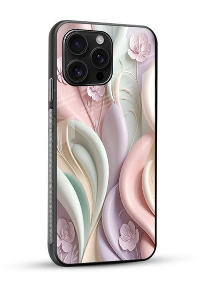 Pastel swirl floral artwork on glossy vibrant premium glass back cover with blended pastel petals. - Angle Side