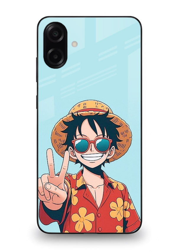 Peace Sign Traveler character artwork Samsung A06 5G glass back cover