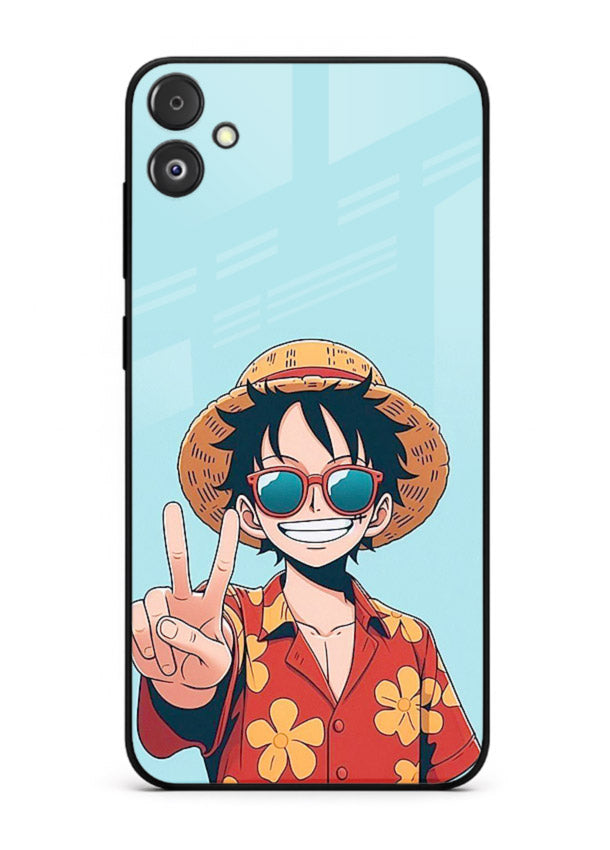 Peace Sign Traveler character artwork Samsung F05 5G glass back cover