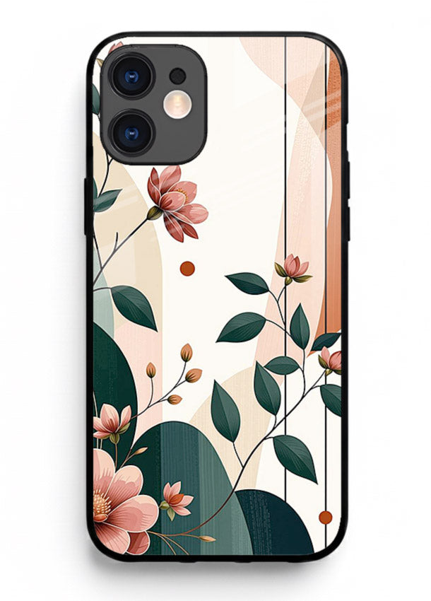 Peach floral panel artwork on iphone 12 glass back cover with structured warm botanical design.