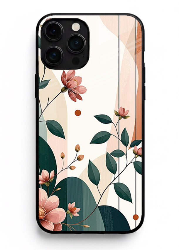 Peach floral panel artwork on iphone 16 pro max glass back cover with structured warm botanical design.