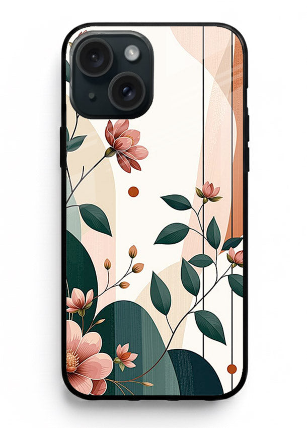 Peach floral panel artwork on iphone 15 glass back cover with structured warm botanical design.