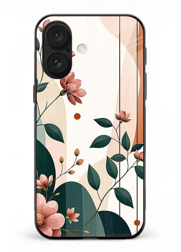 Peach floral panel artwork on iphone 17 glass back cover with structured warm botanical design.