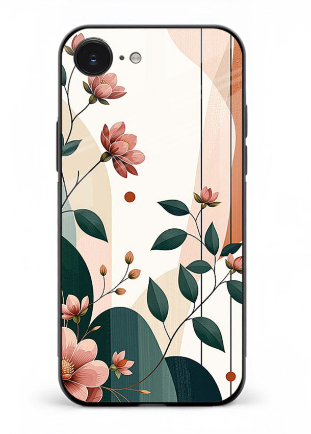 Peach floral panel artwork on iphone 16e glass back cover with structured warm botanical design.
