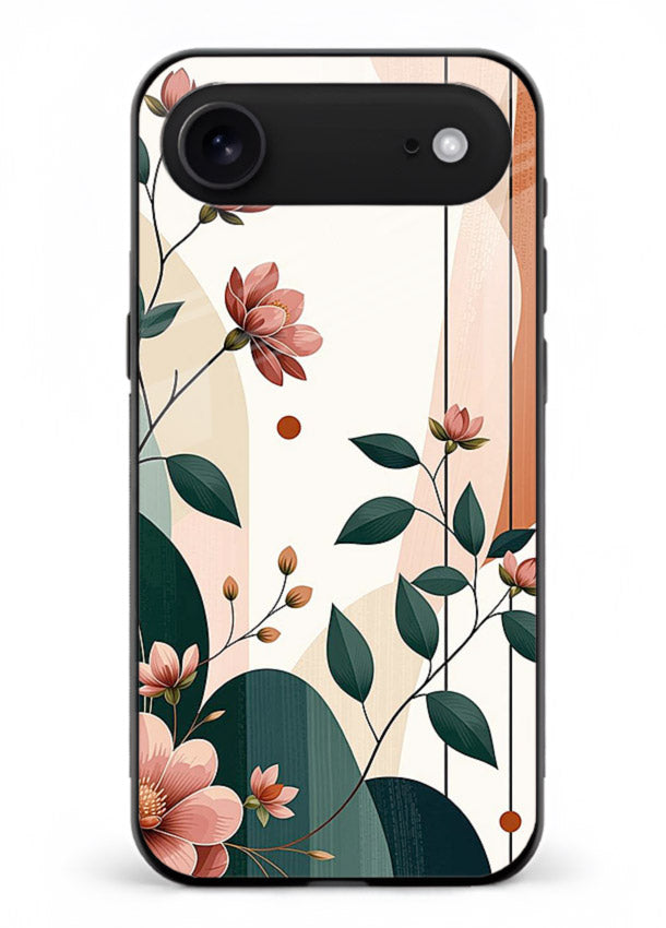 Peach floral panel artwork on iphone 17 air glass back cover with structured warm botanical design.