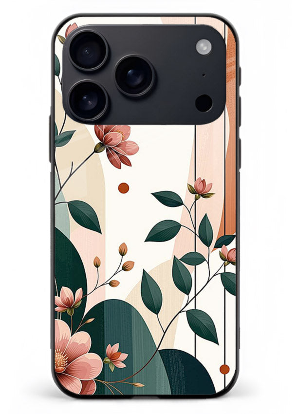 Peach floral panel artwork on iphone 17 pro max glass back cover with structured warm botanical design.