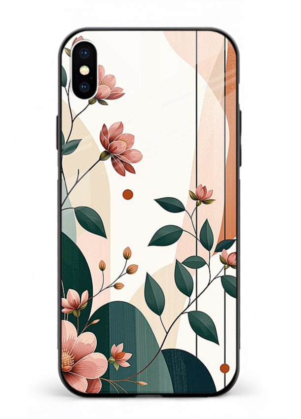 Peach floral panel artwork on iphone xs max glass back cover with structured warm botanical design.
