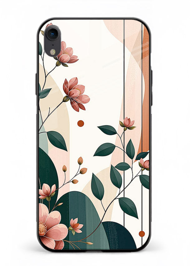 Peach floral panel artwork on iphone xr glass back cover with structured warm botanical design.