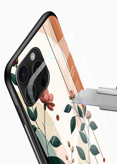Peach floral panel artwork on glossy vibrant premium glass back cover with structured warm botanical design. - Angle Blade