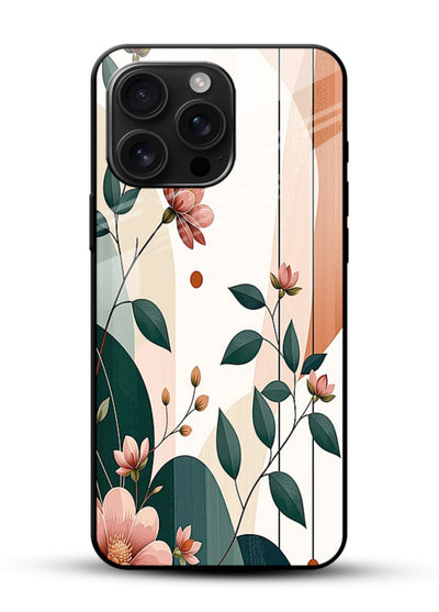 Peach floral panel artwork on glossy vibrant premium glass back cover with structured warm botanical design. - Angle Front