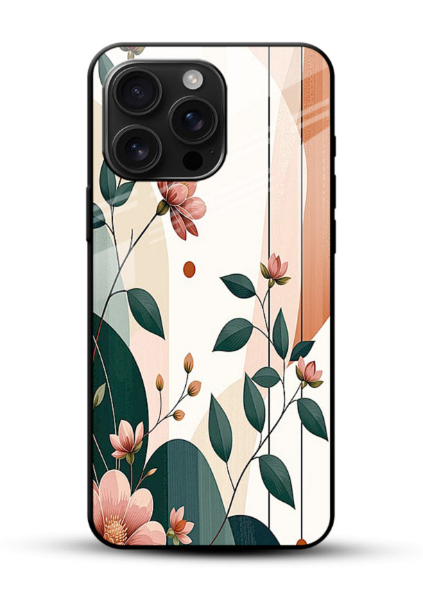 Peach floral panel artwork on glossy vibrant premium glass back cover with structured warm botanical design. - Angle Front