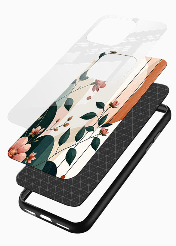 Peach floral panel artwork on glossy vibrant premium glass back cover with structured warm botanical design. - Angle Layers