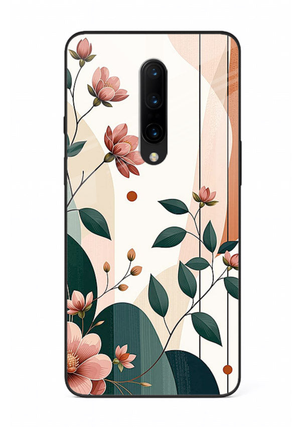 Peach floral panel artwork on OnePlus 7T Pro glass back cover with structured warm botanical design.