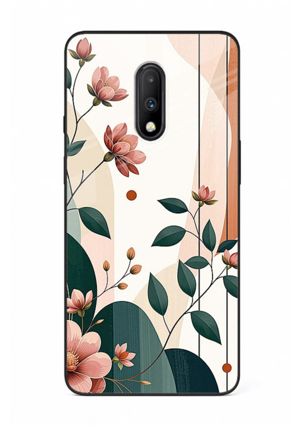 Peach floral panel artwork on OnePlus 7 glass back cover with structured warm botanical design.