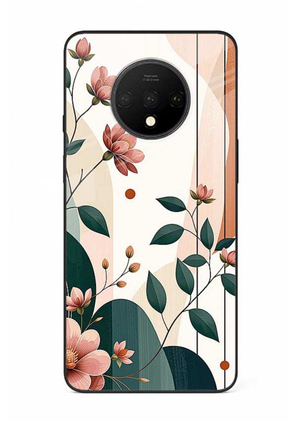 Peach floral panel artwork on OnePlus 7T glass back cover with structured warm botanical design.