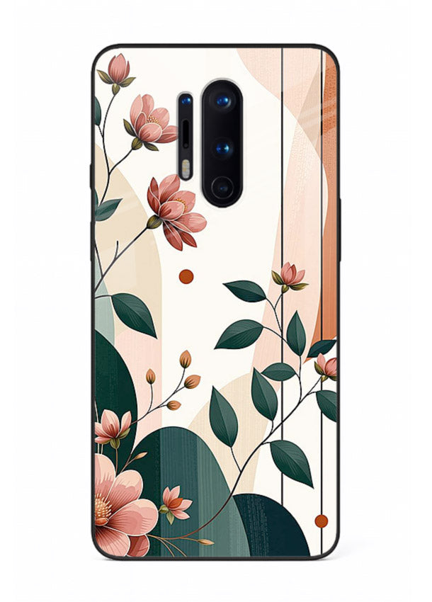 Peach floral panel artwork on OnePlus 8 Pro glass back cover with structured warm botanical design.
