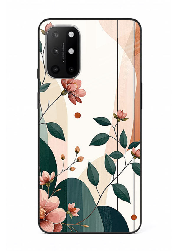 Peach floral panel artwork on OnePlus 8T glass back cover with structured warm botanical design.