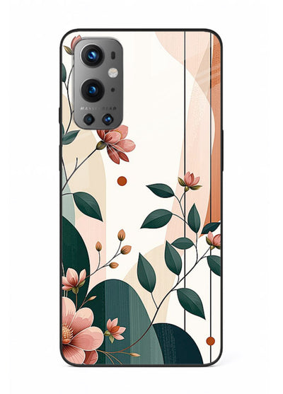 Peach floral panel artwork on OnePlus 9 glass back cover with structured warm botanical design.