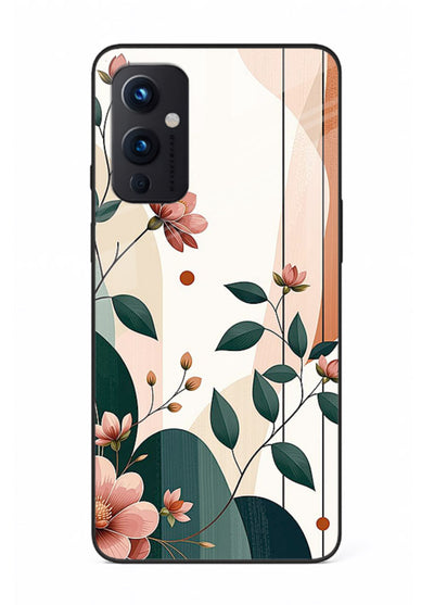 Peach floral panel artwork on OnePlus 9 Pro glass back cover with structured warm botanical design.