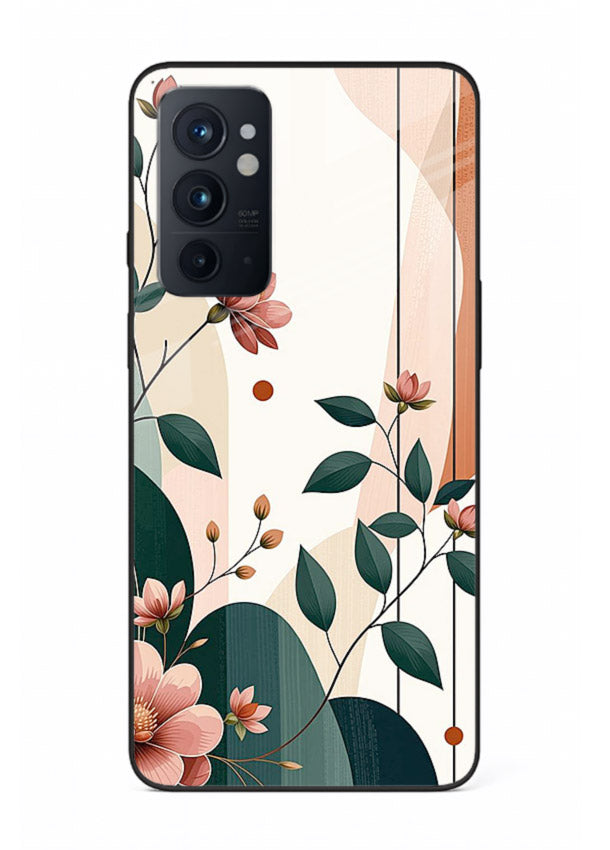 Peach floral panel artwork on OnePlus 9RT glass back cover with structured warm botanical design.