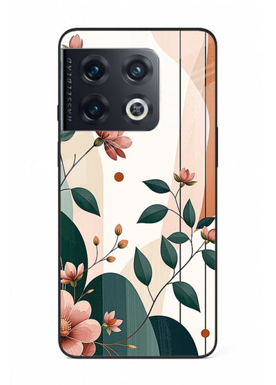 Peach floral panel artwork on OnePlus 10 Pro glass back cover with structured warm botanical design.