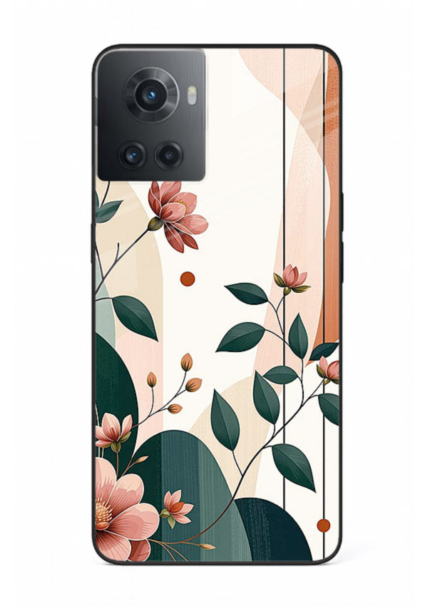 Peach floral panel artwork on OnePlus 10R glass back cover with structured warm botanical design.