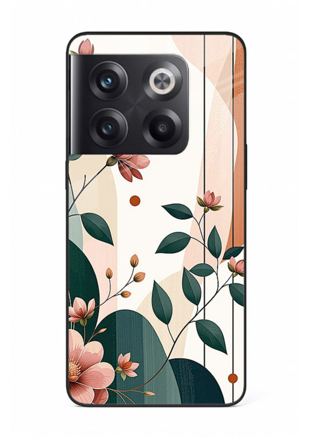 Peach floral panel artwork on OnePlus 10T glass back cover with structured warm botanical design.