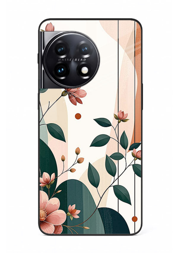 Peach floral panel artwork on OnePlus 11R glass back cover with structured warm botanical design.