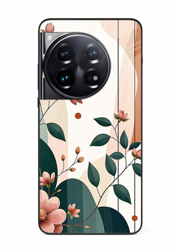 Peach floral panel artwork on OnePlus 12 glass back cover with structured warm botanical design.