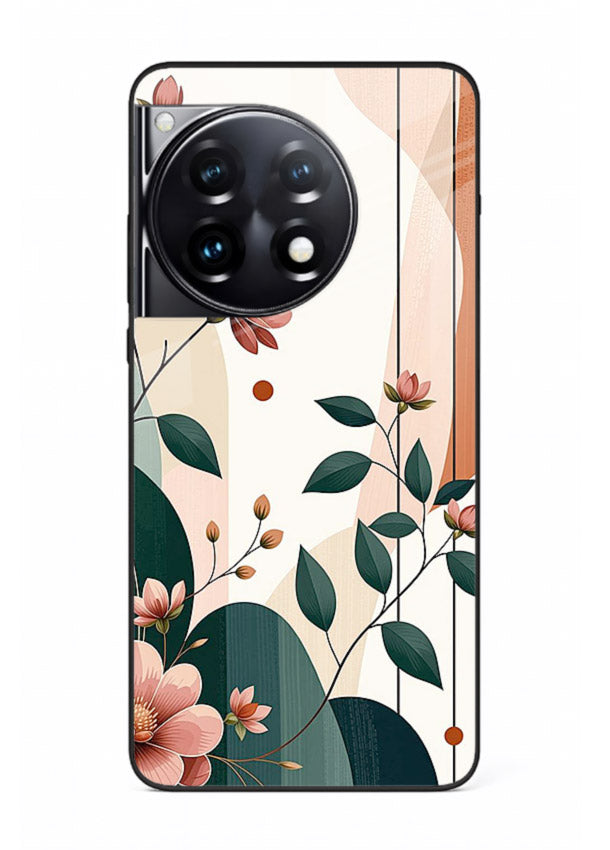 Peach floral panel artwork on OnePlus 12R glass back cover with structured warm botanical design.