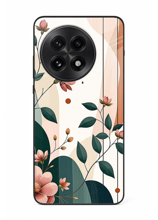Peach floral panel artwork on OnePlus 13R glass back cover with structured warm botanical design.