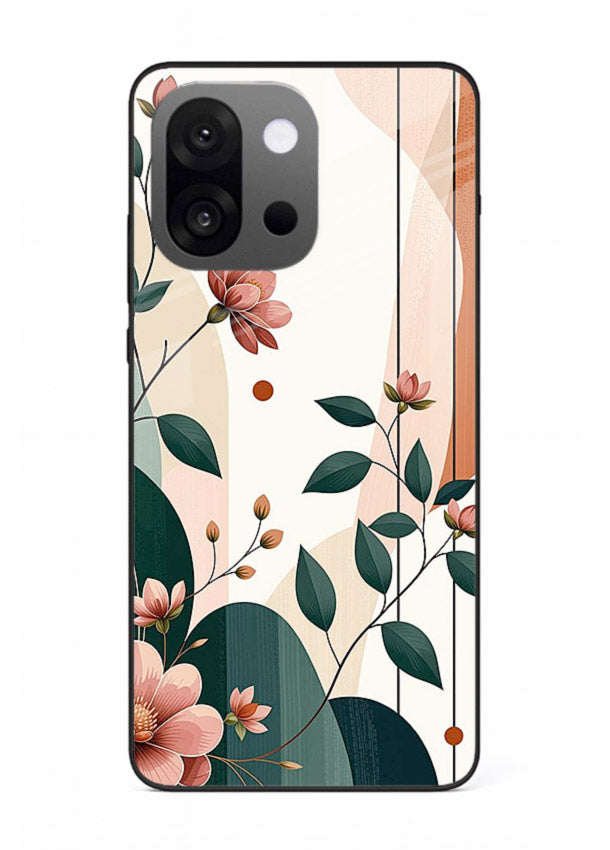 Peach floral panel artwork on OnePlus 13s glass back cover with structured warm botanical design.
