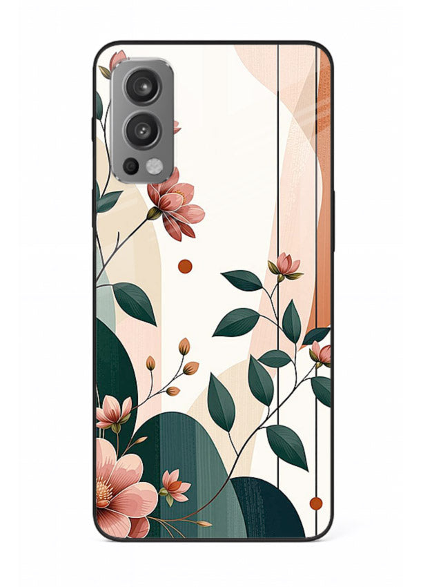 Peach floral panel artwork on OnePlus Nord 2 glass back cover with structured warm botanical design.