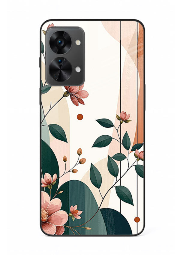 Peach floral panel artwork on OnePlus Nord 2T glass back cover with structured warm botanical design.