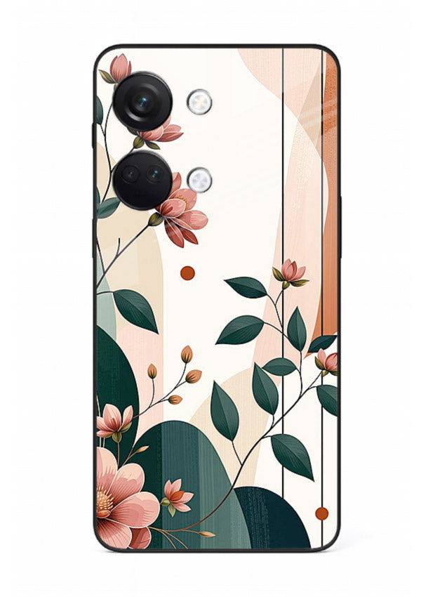 Peach floral panel artwork on OnePlus Nord 3 glass back cover with structured warm botanical design.