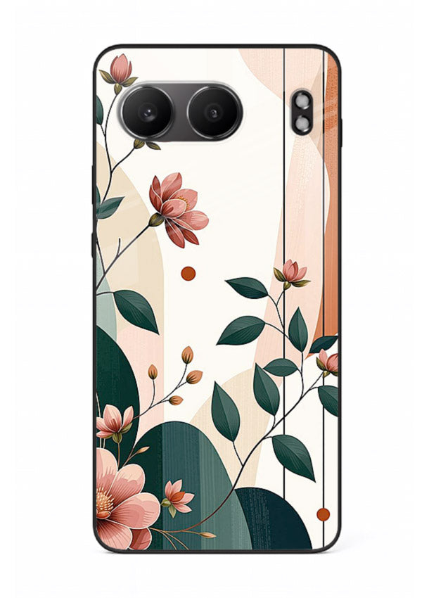 Peach floral panel artwork on OnePlus Nord 4 glass back cover with structured warm botanical design.