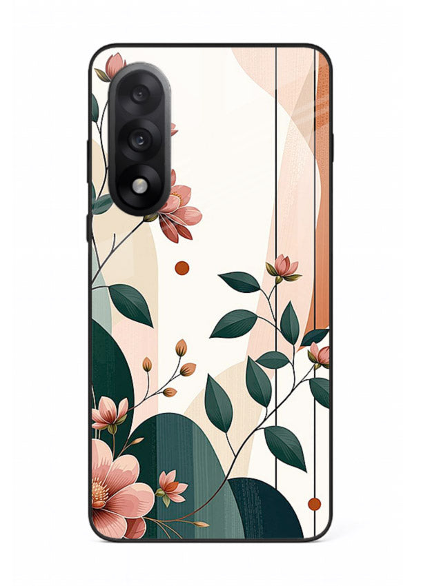 Peach floral panel artwork on OnePlus Nord 5 glass back cover with structured warm botanical design.