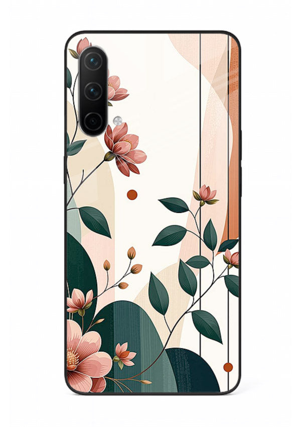 Peach floral panel artwork on OnePlus Nord CE 5G glass back cover with structured warm botanical design.