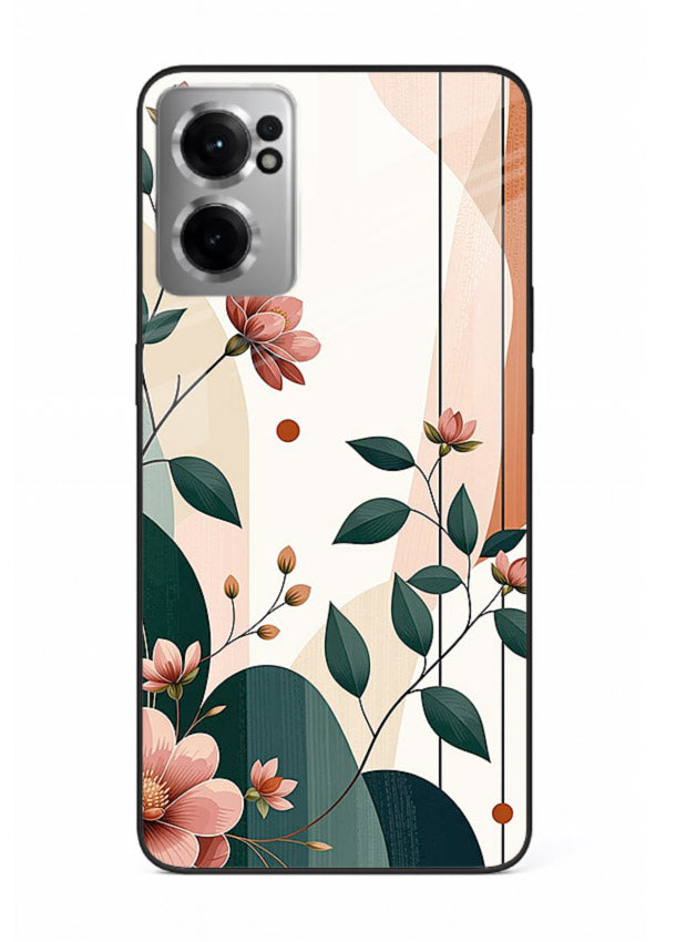 Peach floral panel artwork on OnePlus Nord CE2 5G glass back cover with structured warm botanical design.