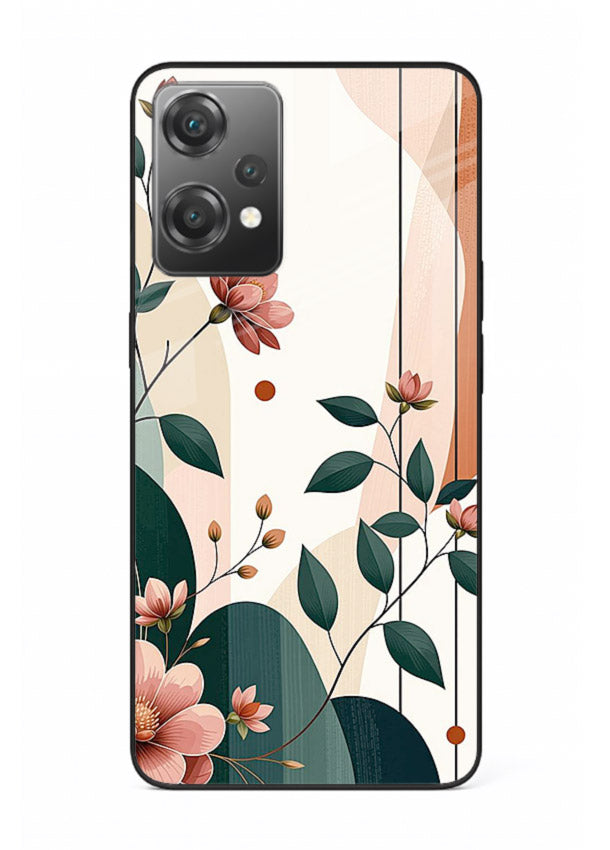 Peach floral panel artwork on OnePlus Nord CE2 Lite 5G glass back cover with structured warm botanical design.