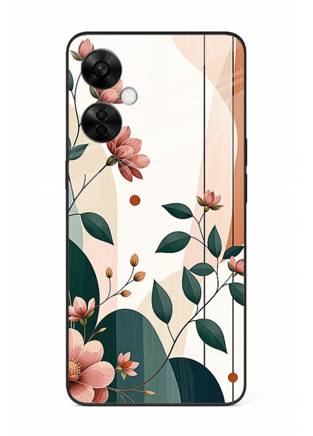 Peach floral panel artwork on OnePlus Nord CE3 Lite glass back cover with structured warm botanical design.