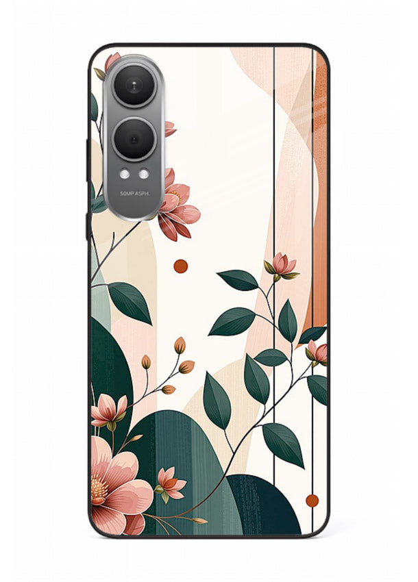 Peach floral panel artwork on OnePlus Nord CE4 Lite glass back cover with structured warm botanical design.