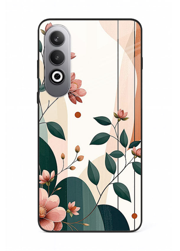 Peach floral panel artwork on OnePlus Nord CE4 glass back cover with structured warm botanical design.