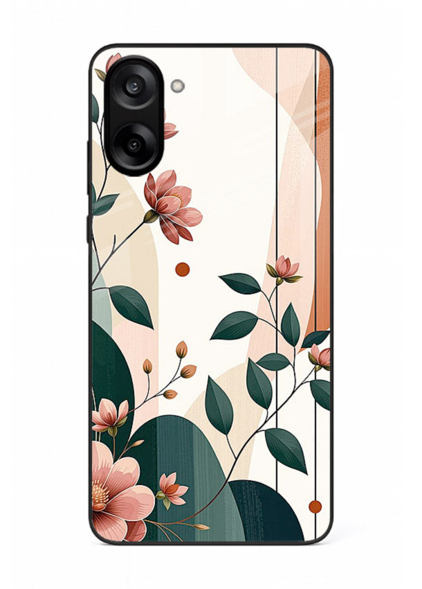 Peach floral panel artwork on OnePlus Nord CE5 glass back cover with structured warm botanical design.