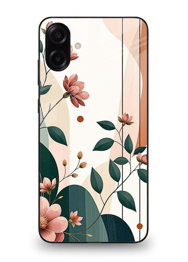 Peach floral panel artwork on Samsung M13 5G glass back cover with structured warm botanical design.