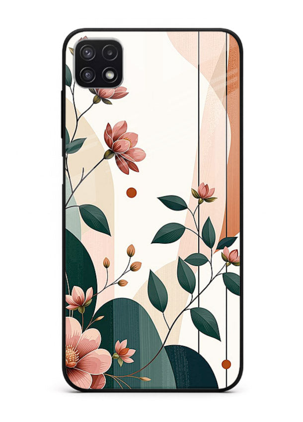 Peach floral panel artwork on Samsung F42 5G glass back cover with structured warm botanical design.
