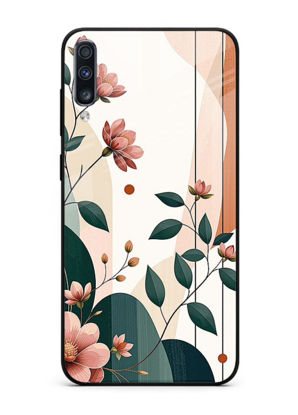 Peach floral panel artwork on Samsung A50 glass back cover with structured warm botanical design.